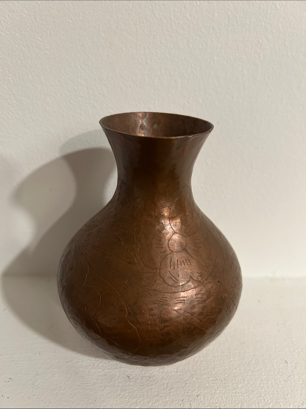 Hammered Copper Floral Pattern Marked Carved Decorative Bud Vase